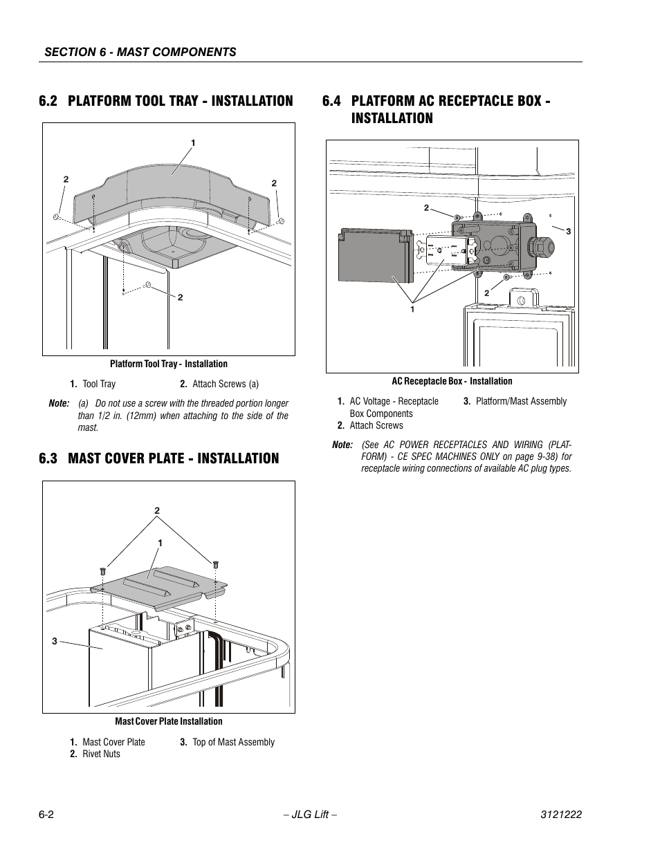 2 platform tool tray - installation, 3 mast cover plate - installation, 4 platform ac receptacle box - installation | 4 platform ac receptacle box - installation -2 | JLG 1230ES Service Manual User Manual | Page 102 / 198