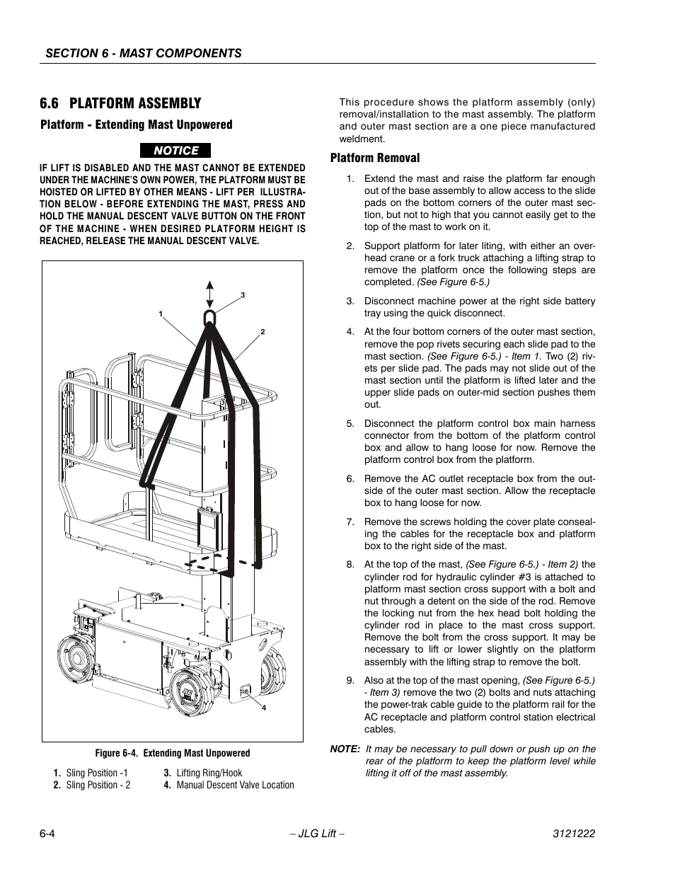 6 platform assembly, Platform - extending mast unpowered, Platform removal | 6 platform assembly -4, Extending mast unpowered -4 | JLG 1230ES Service Manual User Manual | Page 104 / 198
