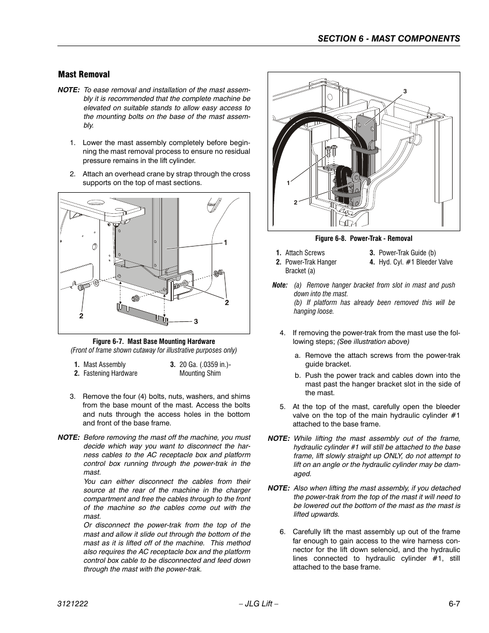Mast removal, Mast removal -7, Mast base mounting hardware -7 | Power-trak - removal -7 | JLG 1230ES Service Manual User Manual | Page 107 / 198