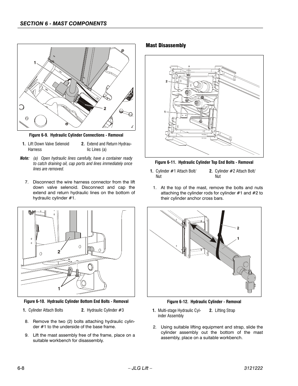 Mast disassembly, Mast disassembly -8, Hydraulic cylinder bottom end bolts - removal -8 | Hydraulic cylinder connections - removal -8, Hydraulic cylinder top end bolts - removal -8, Hydraulic cylinder - removal -8 | JLG 1230ES Service Manual User Manual | Page 108 / 198