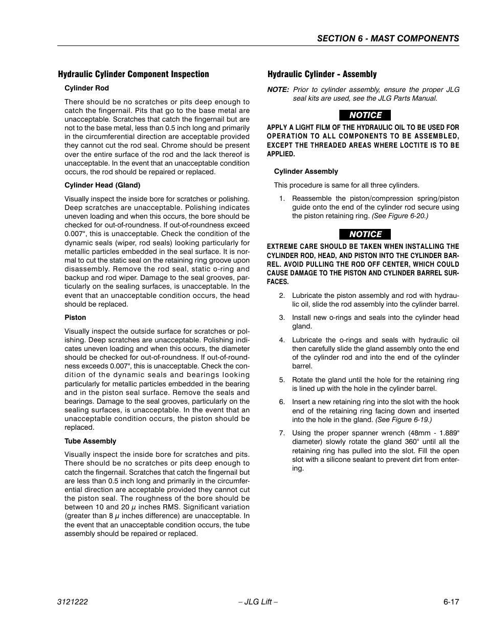 Hydraulic cylinder component inspection, Hydraulic cylinder - assembly | JLG 1230ES Service Manual User Manual | Page 117 / 198