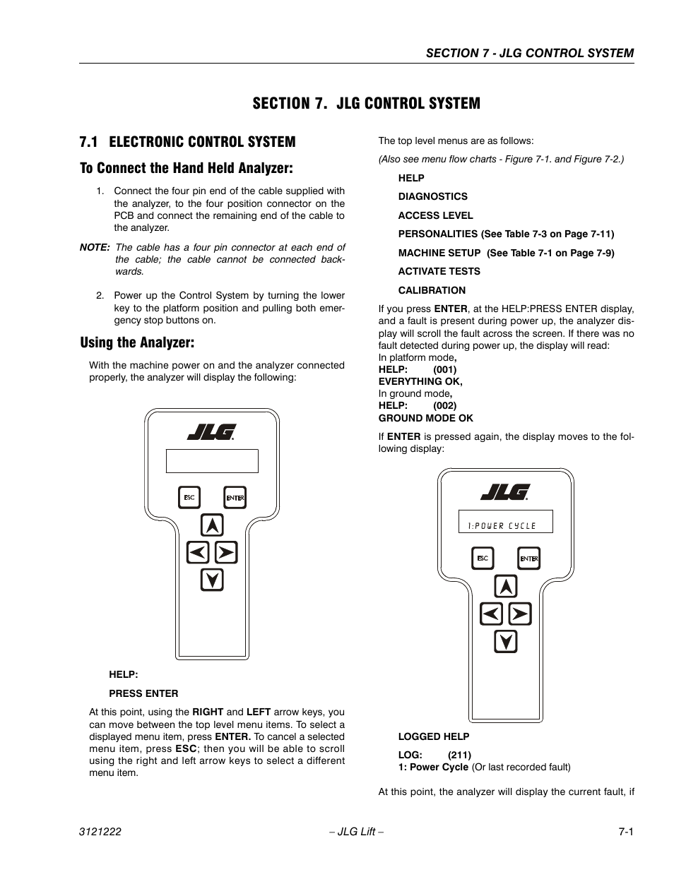 Section 7. jlg control system, 1 electronic control system, To connect the hand held analyzer | Using the analyzer, Section 7 - jlg control system, 1 electronic control system -1 | JLG 1230ES Service Manual User Manual | Page 119 / 198