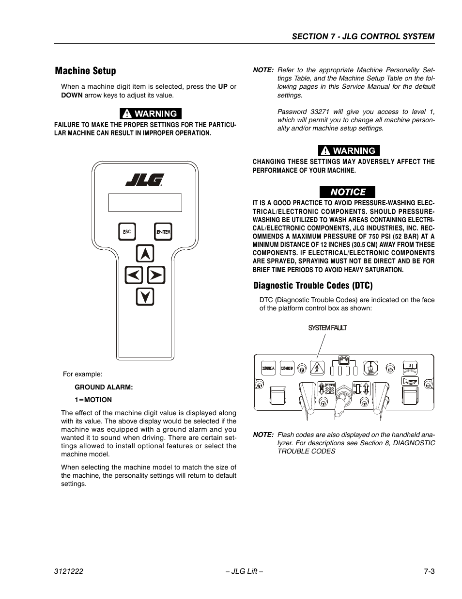Machine setup, Diagnostic trouble codes (dtc), Machine setup -3 diagnostic trouble codes (dtc) -3 | JLG 1230ES Service Manual User Manual | Page 121 / 198