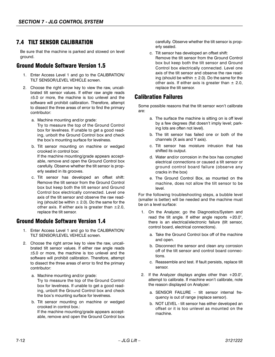 4 tilt sensor calibration, Ground module software version 1.5, Ground module software version 1.4 | Calibration failures, 4 tilt sensor calibration -12 | JLG 1230ES Service Manual User Manual | Page 130 / 198