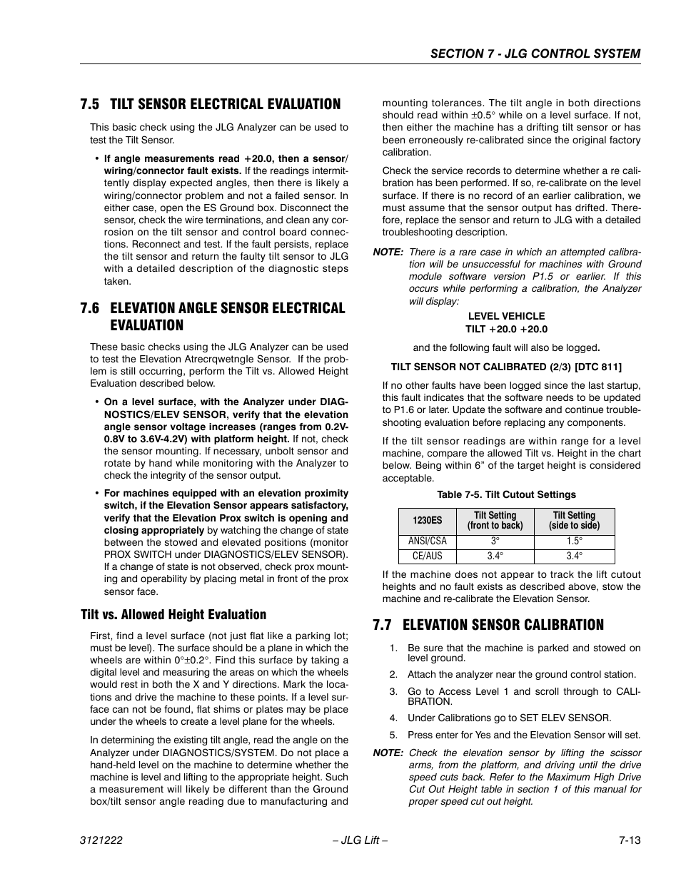 5 tilt sensor electrical evaluation, 6 elevation angle sensor electrical evaluation, Tilt vs. allowed height evaluation | 7 elevation sensor calibration, Tilt vs. allowed height evaluation -13, 7 elevation sensor calibration -13, Tilt cutout settings -13 | JLG 1230ES Service Manual User Manual | Page 131 / 198