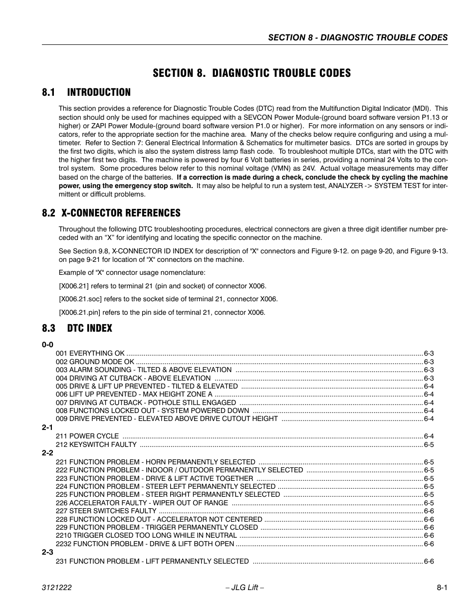 Section 8. diagnostic trouble codes, 1 introduction, 2 x-connector references | 3 dtc index, Section 8 - diagnostic trouble codes | JLG 1230ES Service Manual User Manual | Page 133 / 198