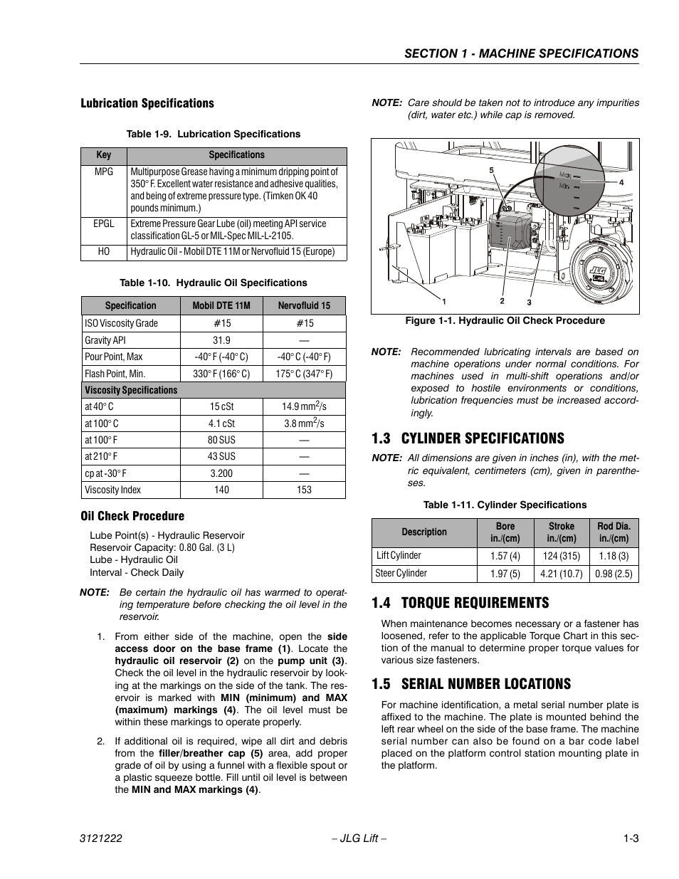 Lubrication specifications, Oil check procedure, 3 cylinder specifications | 4 torque requirements, 5 serial number locations, Hydraulic oil check procedure -3, Lubrication specifications -3, Hydraulic oil specifications -3, Cylinder specifications -3 | JLG 1230ES Service Manual User Manual | Page 15 / 198