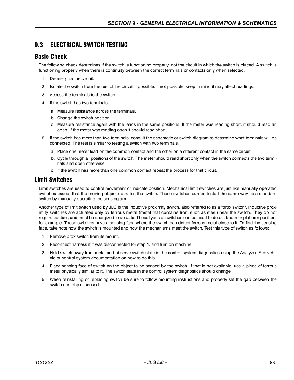 3 electrical switch testing, Basic check, Limit switches | 3 electrical switch testing -5, Basic check -5 limit switches -5, 3 electrical switch testing basic check | JLG 1230ES Service Manual User Manual | Page 159 / 198