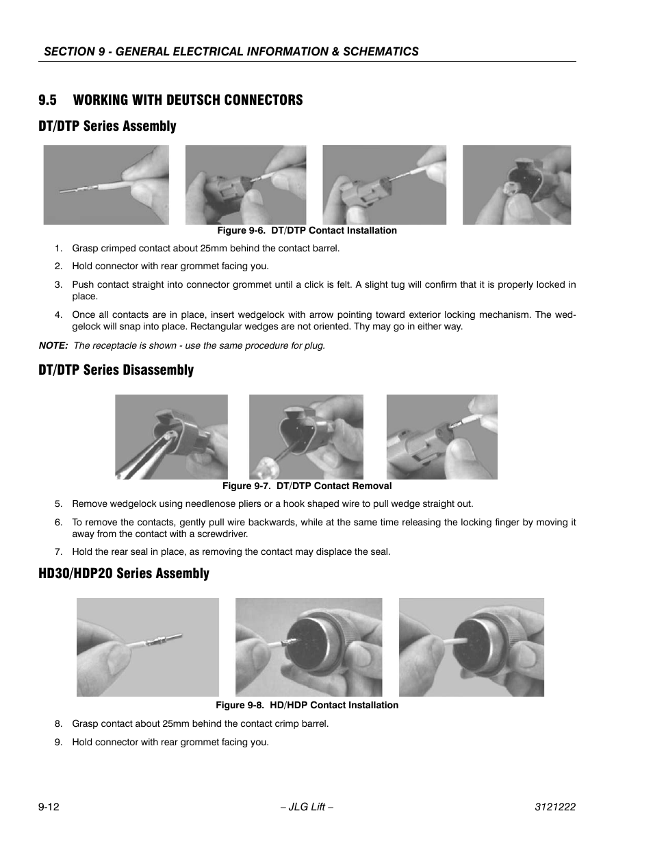 5 working with deutsch connectors, Dt/dtp series assembly, Dt/dtp series disassembly | Hd30/hdp20 series assembly, 5 working with deutsch connectors -12, Dt/dtp contact installation -12, Dt/dtp contact removal -12, Hd/hdp contact installation -12 | JLG 1230ES Service Manual User Manual | Page 166 / 198