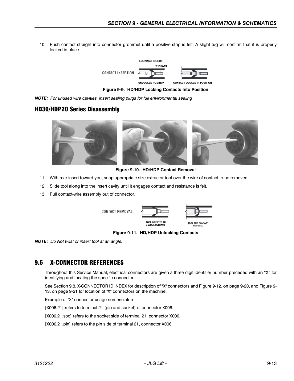 Hd30/hdp20 series disassembly, 6 x-connector references, Hd30/hdp20 series disassembly -13 | 6 x-connector references -13, Hd/hdp locking contacts into position -13, Hd/hdp contact removal -13, Hd/hdp unlocking contacts -13 | JLG 1230ES Service Manual User Manual | Page 167 / 198