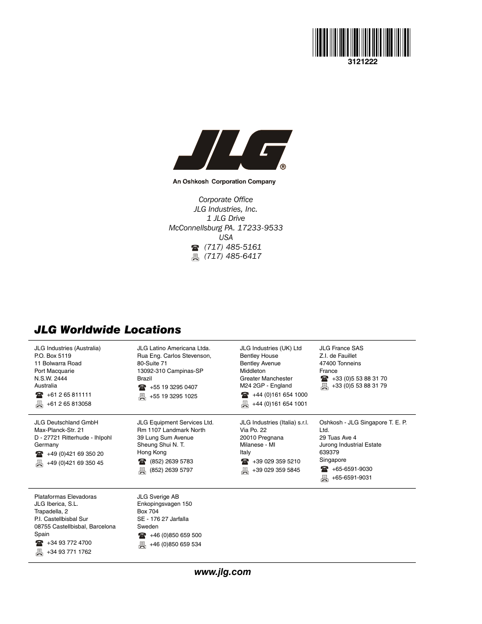 Jlg worldwide locations | JLG 1230ES Service Manual User Manual | Page 198 / 198