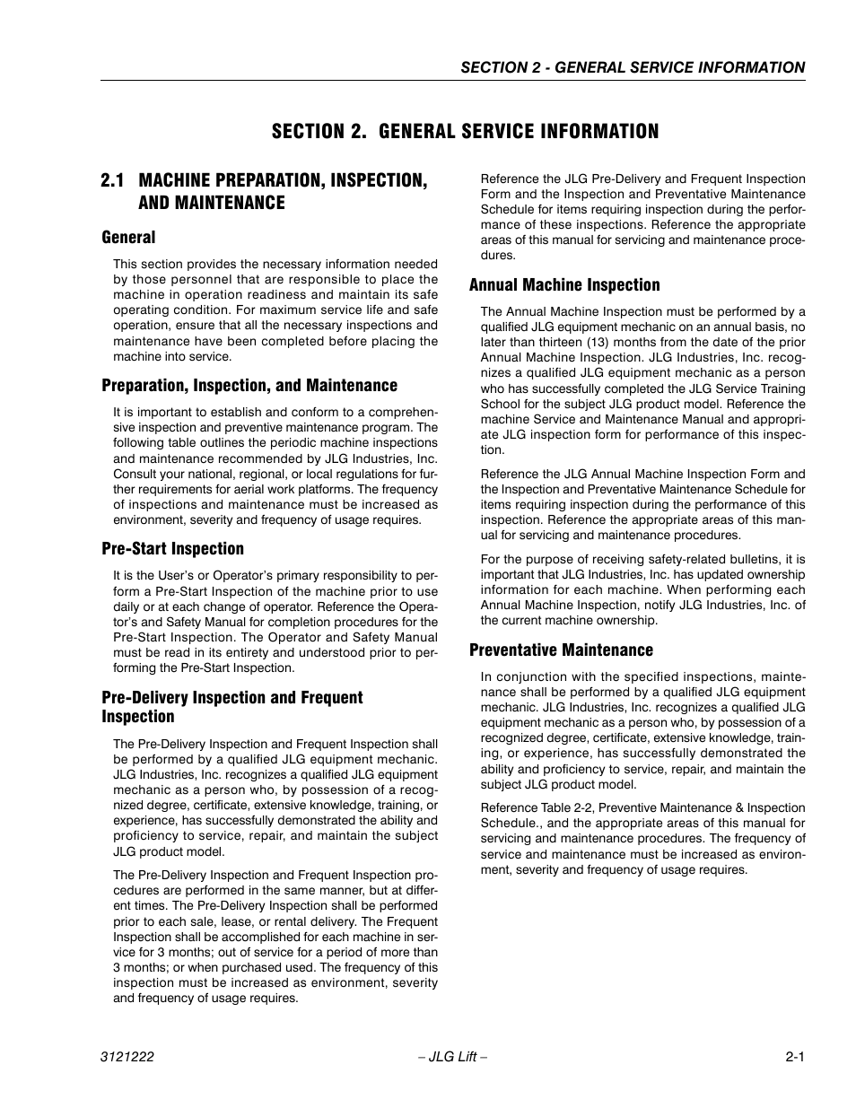 Section 2. general service information, 1 machine preparation, inspection, and maintenance, General | Preparation, inspection, and maintenance, Pre-start inspection, Pre-delivery inspection and frequent inspection, Annual machine inspection, Preventative maintenance, Section 2 - general service information | JLG 1230ES Service Manual User Manual | Page 23 / 198