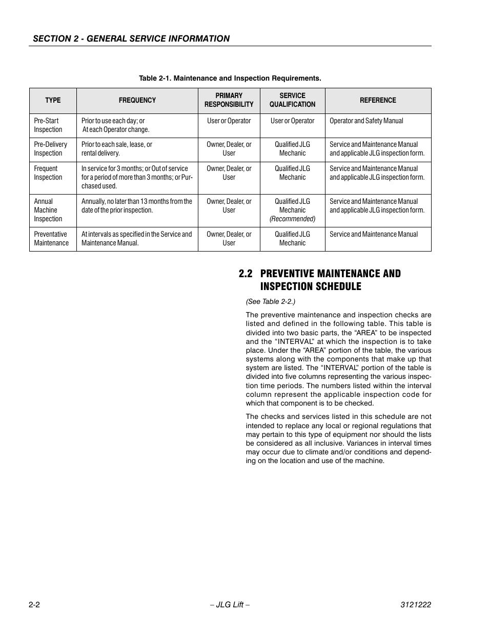2 preventive maintenance and inspection schedule, Maintenance and inspection requirements -2 | JLG 1230ES Service Manual User Manual | Page 24 / 198