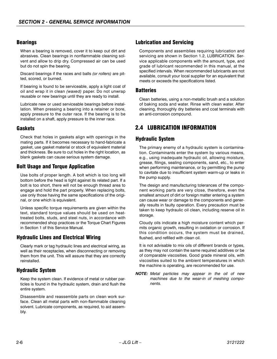 Bearings, Gaskets, Bolt usage and torque application | Hydraulic lines and electrical wiring, Hydraulic system, Lubrication and servicing, Batteries, 4 lubrication information, 4 lubrication information -6, Hydraulic system -6 | JLG 1230ES Service Manual User Manual | Page 28 / 198