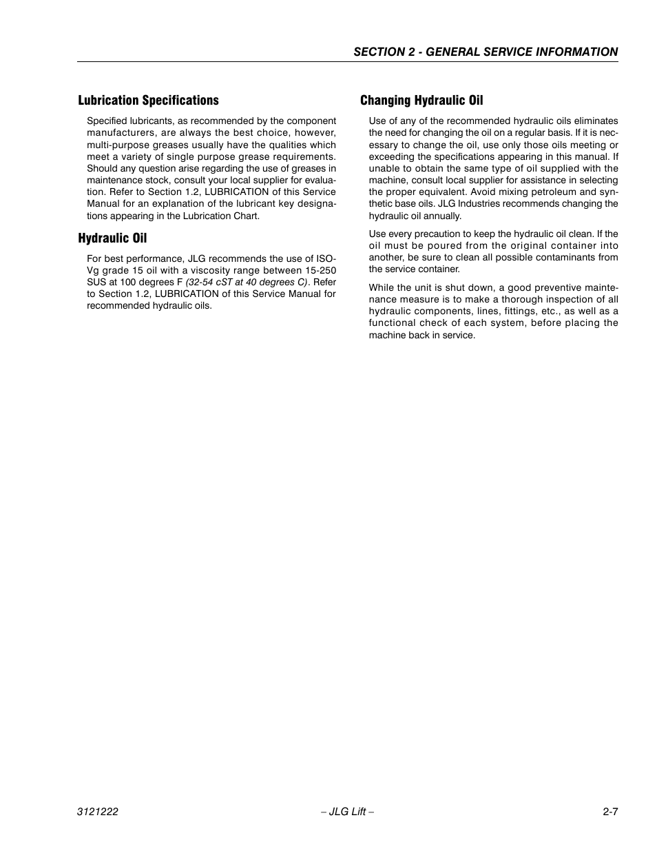 Lubrication specifications, Hydraulic oil, Changing hydraulic oil | Lubrication specifications -7, Hydraulic oil -7 changing hydraulic oil -7 | JLG 1230ES Service Manual User Manual | Page 29 / 198