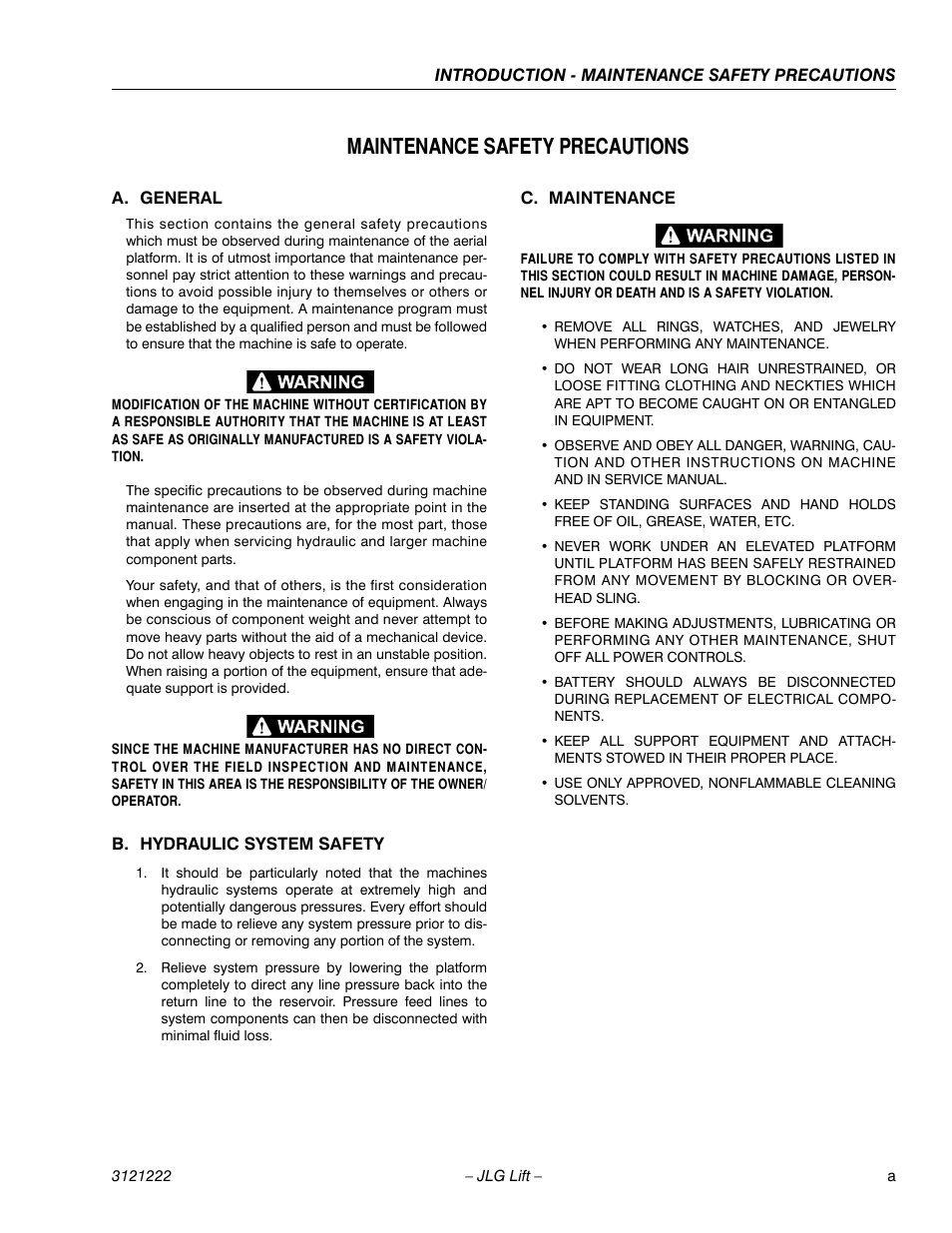 A. general, B. hydraulic system safety, C. maintenance | Maintenance safety precautions | JLG 1230ES Service Manual User Manual | Page 3 / 198