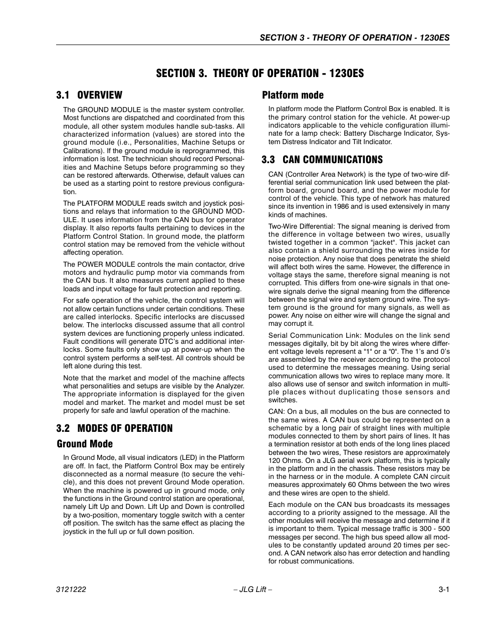Section 3. theory of operation - 1230es, 1 overview, 2 modes of operation | Ground mode, Platform mode, 3 can communications, Section 3 - theory of operation - 1230es, 1 overview -1 3.2 modes of operation -1, Ground mode -1 platform mode -1, 3 can communications -1 | JLG 1230ES Service Manual User Manual | Page 31 / 198