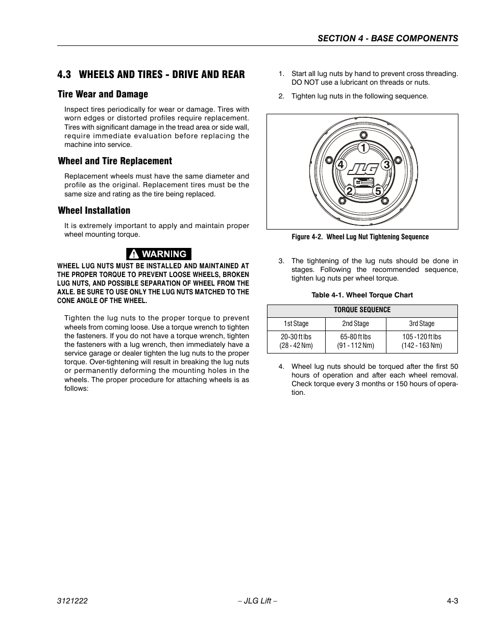 3 wheels and tires - drive and rear, Tire wear and damage, Wheel and tire replacement | Wheel installation, 3 wheels and tires - drive and rear -3, Wheel lug nut tightening sequence -3, Wheel torque chart -3 | JLG 1230ES Service Manual User Manual | Page 39 / 198