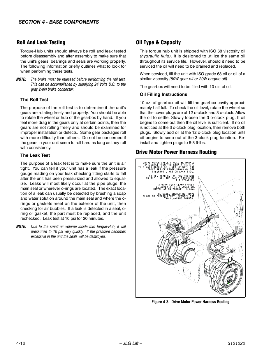 Roll and leak testing, Oil type & capacity, Drive motor power harness routing | Drive motor power harness routing -12 | JLG 1230ES Service Manual User Manual | Page 48 / 198