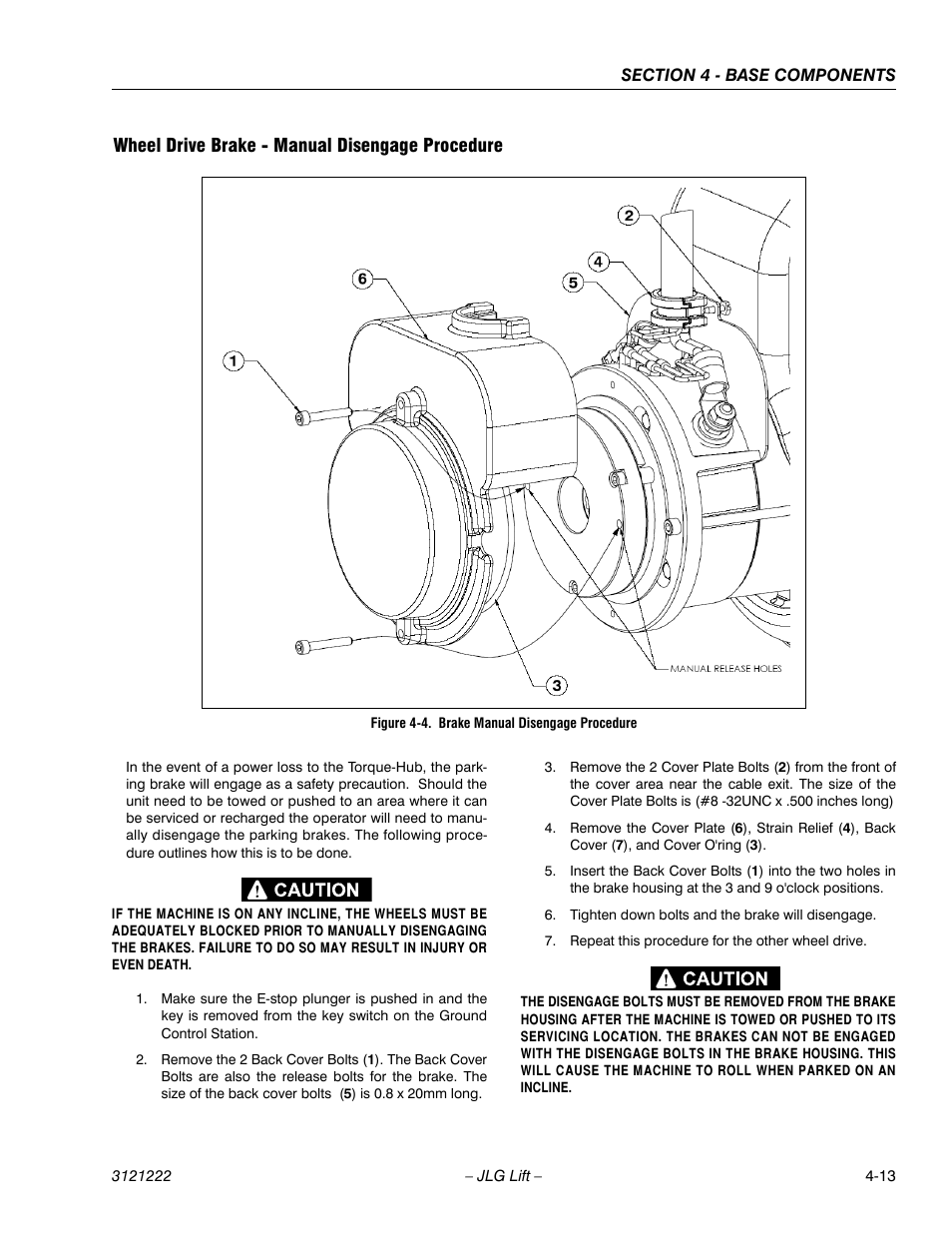 Wheel drive brake - manual disengage procedure, Wheel drive brake - manual disengage procedure -13, Brake manual disengage procedure -13 | JLG 1230ES Service Manual User Manual | Page 49 / 198