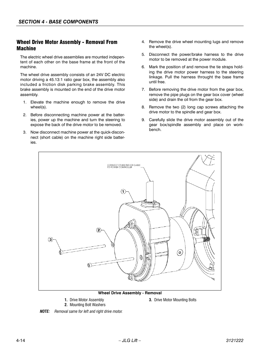 Wheel drive motor assembly - removal from machine | JLG 1230ES Service Manual User Manual | Page 50 / 198