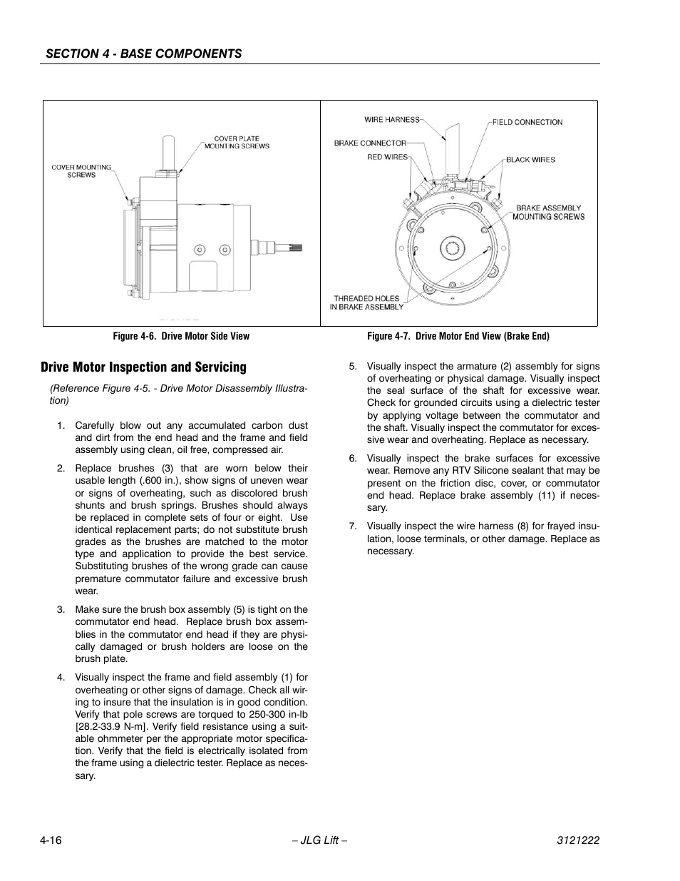 Drive motor inspection and servicing, Drive motor inspection and servicing -16, Drive motor side view -16 | Drive motor end view (brake end) -16, In place (see figure 4-6.), Ture connections. (see figure 4-7.), See figure 4-7.) or ima, Ing off of the shaft. (see figure 4-7.) | JLG 1230ES Service Manual User Manual | Page 52 / 198