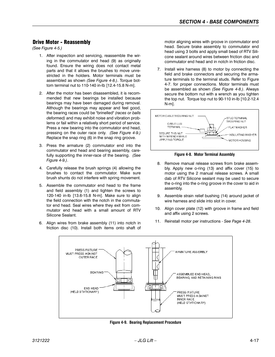 Drive motor - reassembly, Drive motor - reassembly -17, Motor terminal assembly -17 | Bearing replacement procedure -17 | JLG 1230ES Service Manual User Manual | Page 53 / 198