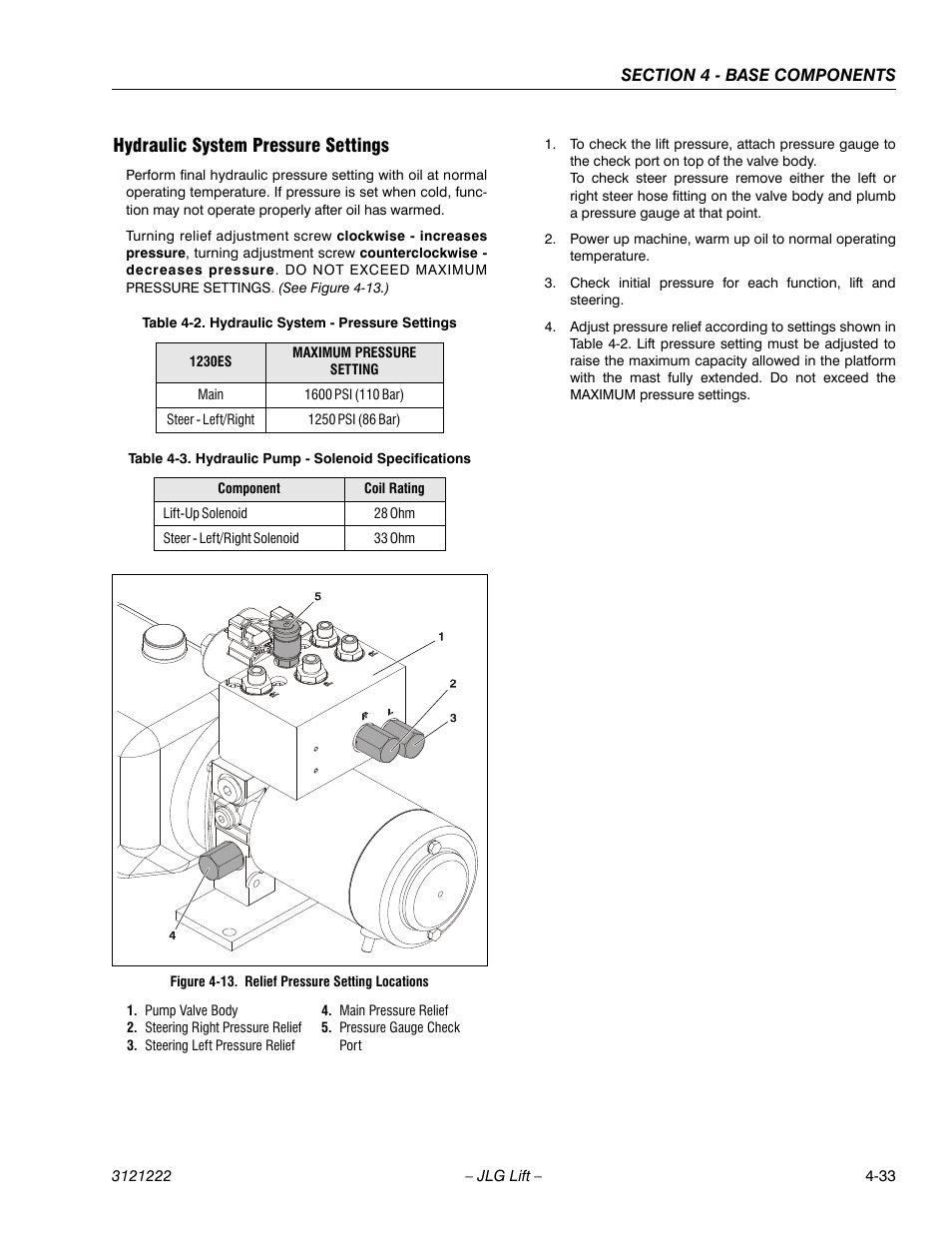 Hydraulic system pressure settings, Hydraulic system pressure settings -33, Relief pressure setting locations -33 | Hydraulic system - pressure settings -33, Hydraulic pump - selenoid specifications -33 | JLG 1230ES Service Manual User Manual | Page 69 / 198