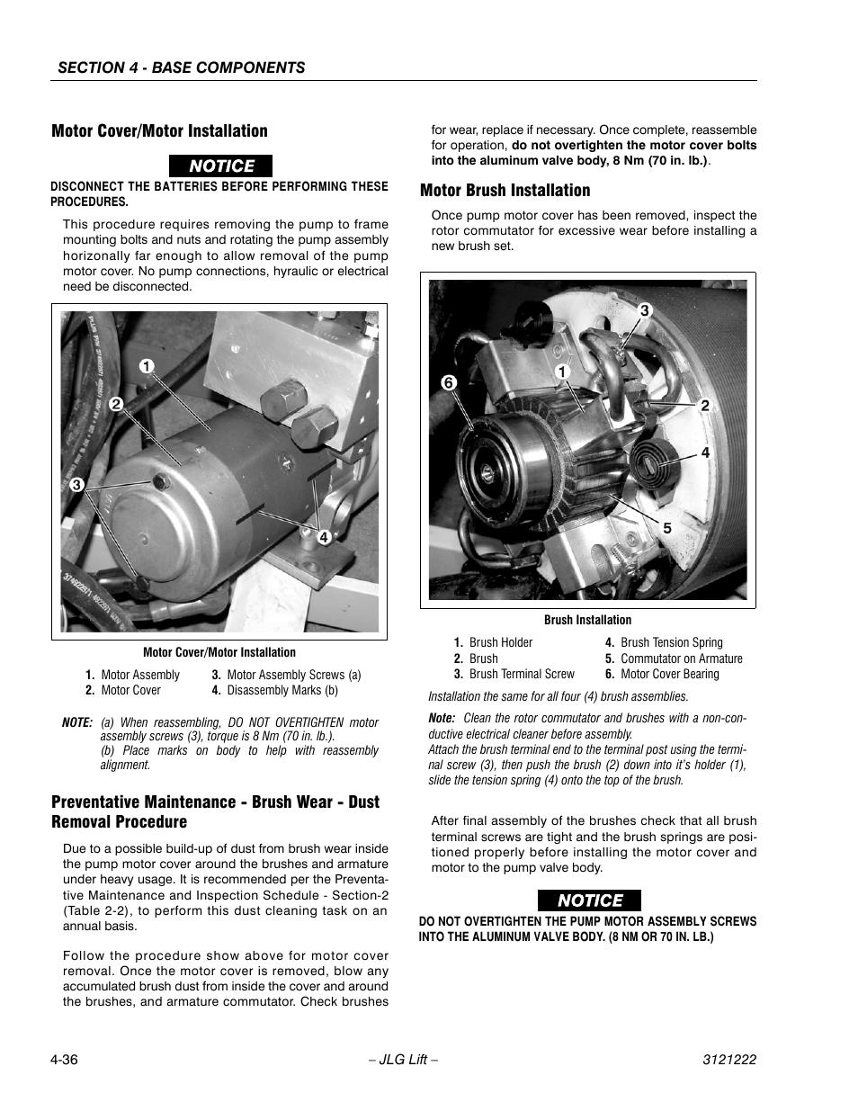 Motor cover/motor installation, Motor brush installation | JLG 1230ES Service Manual User Manual | Page 72 / 198
