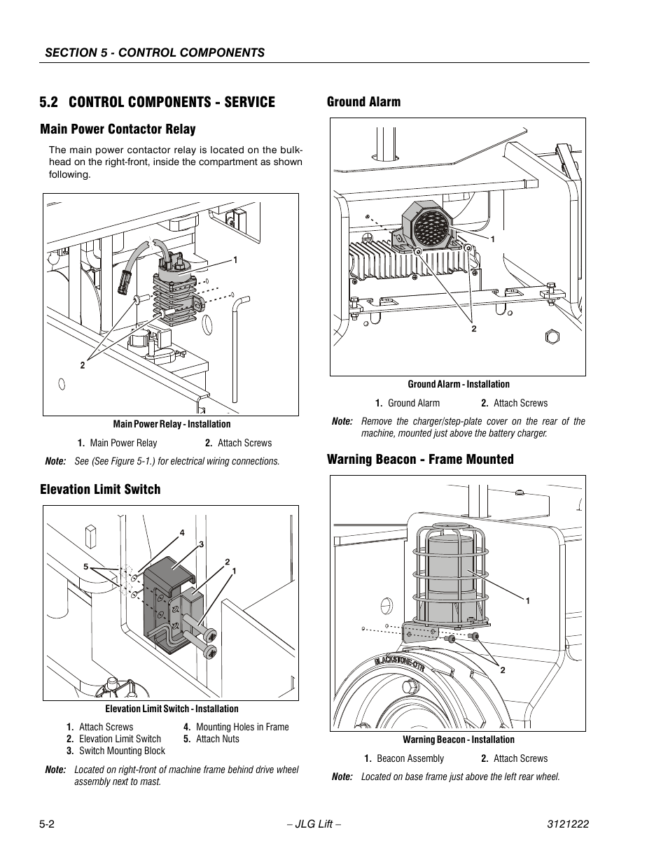 2 control components - service, Main power contactor relay, Elevation limit switch | Ground alarm, Warning beacon - frame mounted, 2 control components - service -2 | JLG 1230ES Service Manual User Manual | Page 78 / 198