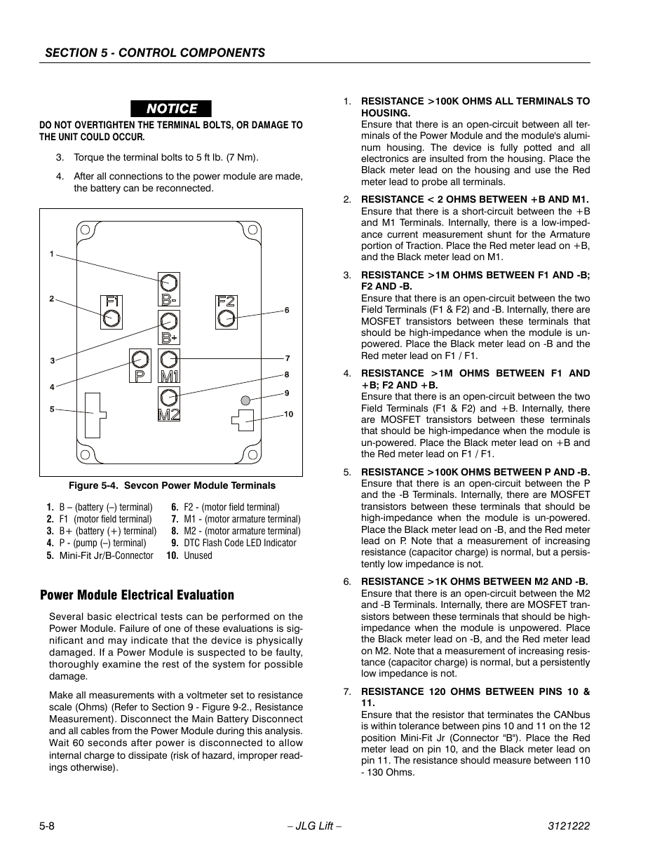 Power module electrical evaluation, Power module electrical evaluation -8, Sevcon power module terminals -8 | JLG 1230ES Service Manual User Manual | Page 84 / 198