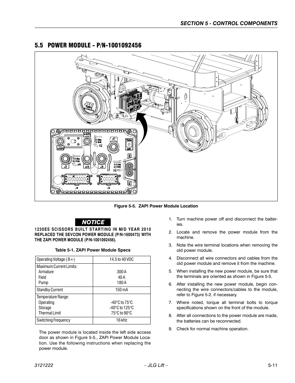 5 power module - p/n-1001092456, 5 power module - p/n-1001092456 -11, Zapi power module location -11 | Zapi power module specs -11 | JLG 1230ES Service Manual User Manual | Page 87 / 198
