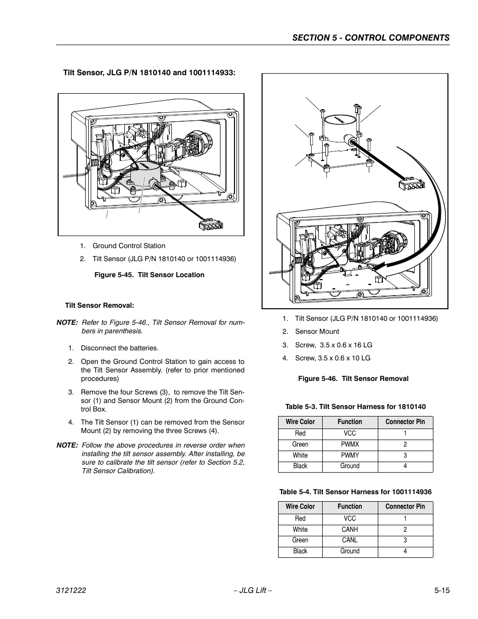 Tilt sensor location -15, Tilt sensor removal -15, Tilt sensor harness for 1810140 -15 | Tilt sensor harness for 1001114936 -15 | JLG 1230ES Service Manual User Manual | Page 91 / 198