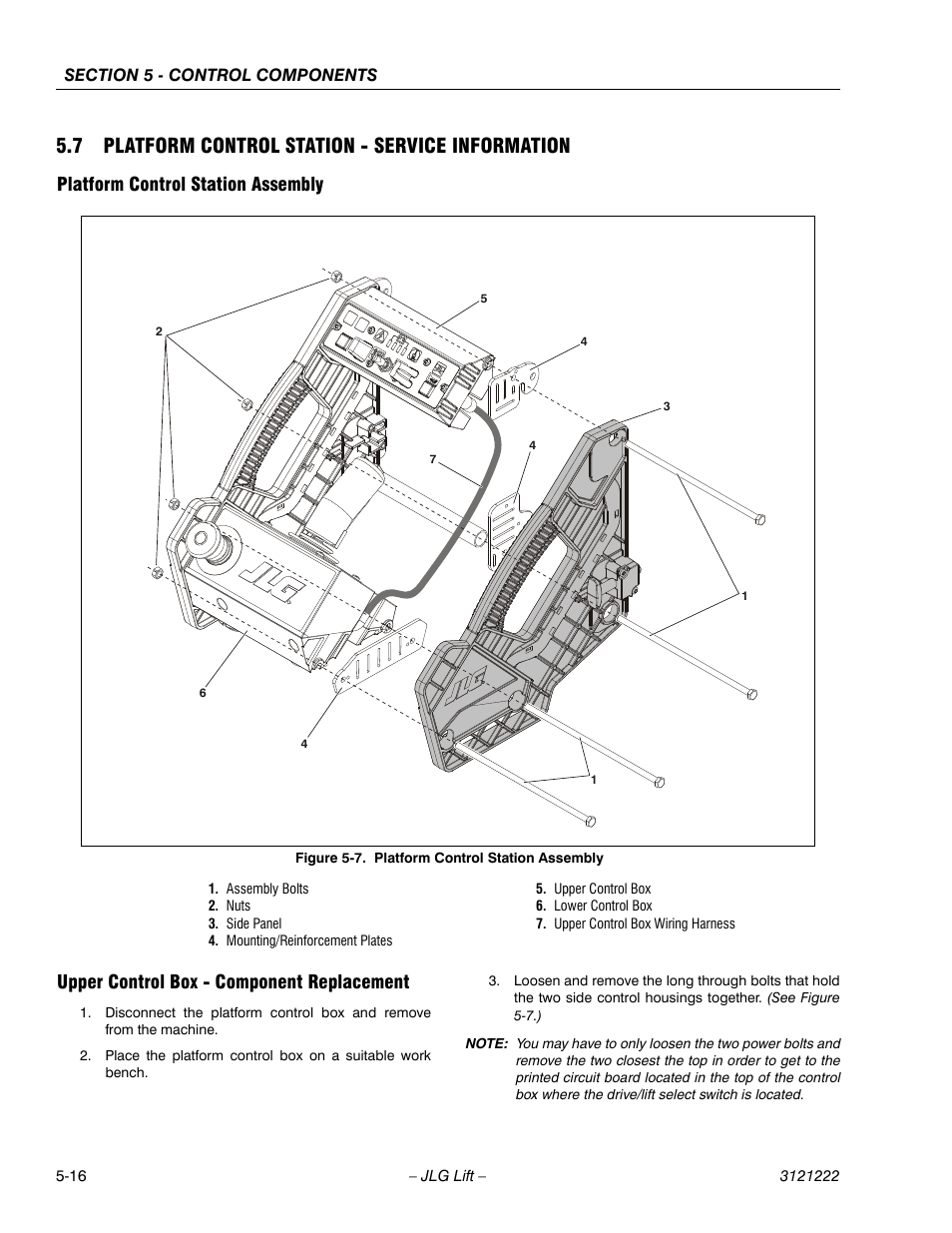 7 platform control station - service information, Platform control station assembly, Upper control box - component replacement | Platform control station assembly -16 | JLG 1230ES Service Manual User Manual | Page 92 / 198