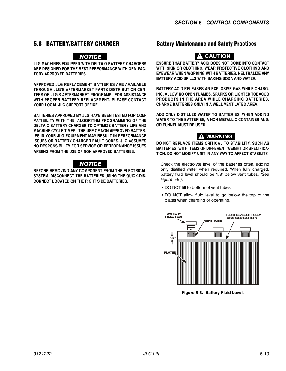 8 battery/battery charger, Battery maintenance and safety practices, 8 battery/battery charger -19 | Battery maintenance and safety practices -19, Battery fluid level -19 | JLG 1230ES Service Manual User Manual | Page 95 / 198