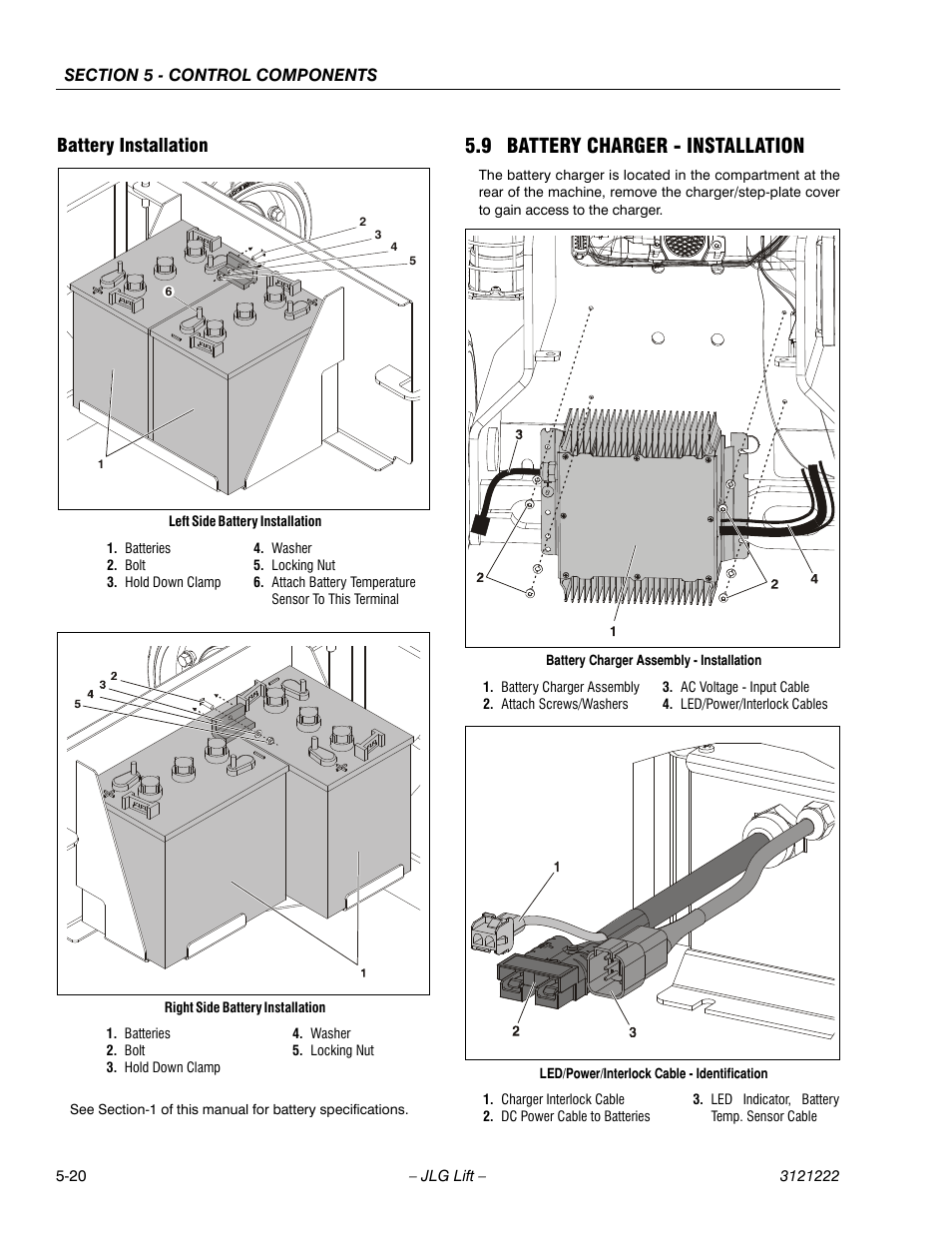 Battery installation, 9 battery charger - installation, Battery installation -20 | 9 battery charger - installation -20 | JLG 1230ES Service Manual User Manual | Page 96 / 198