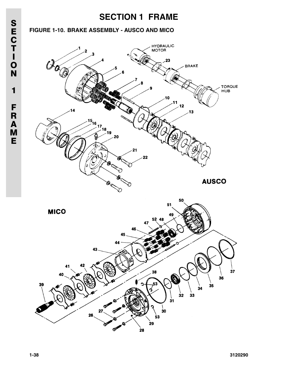 Figure 1-10. brake assembly - ausco and mico | JLG 70H Parts Manual User Manual | Page 46 / 478