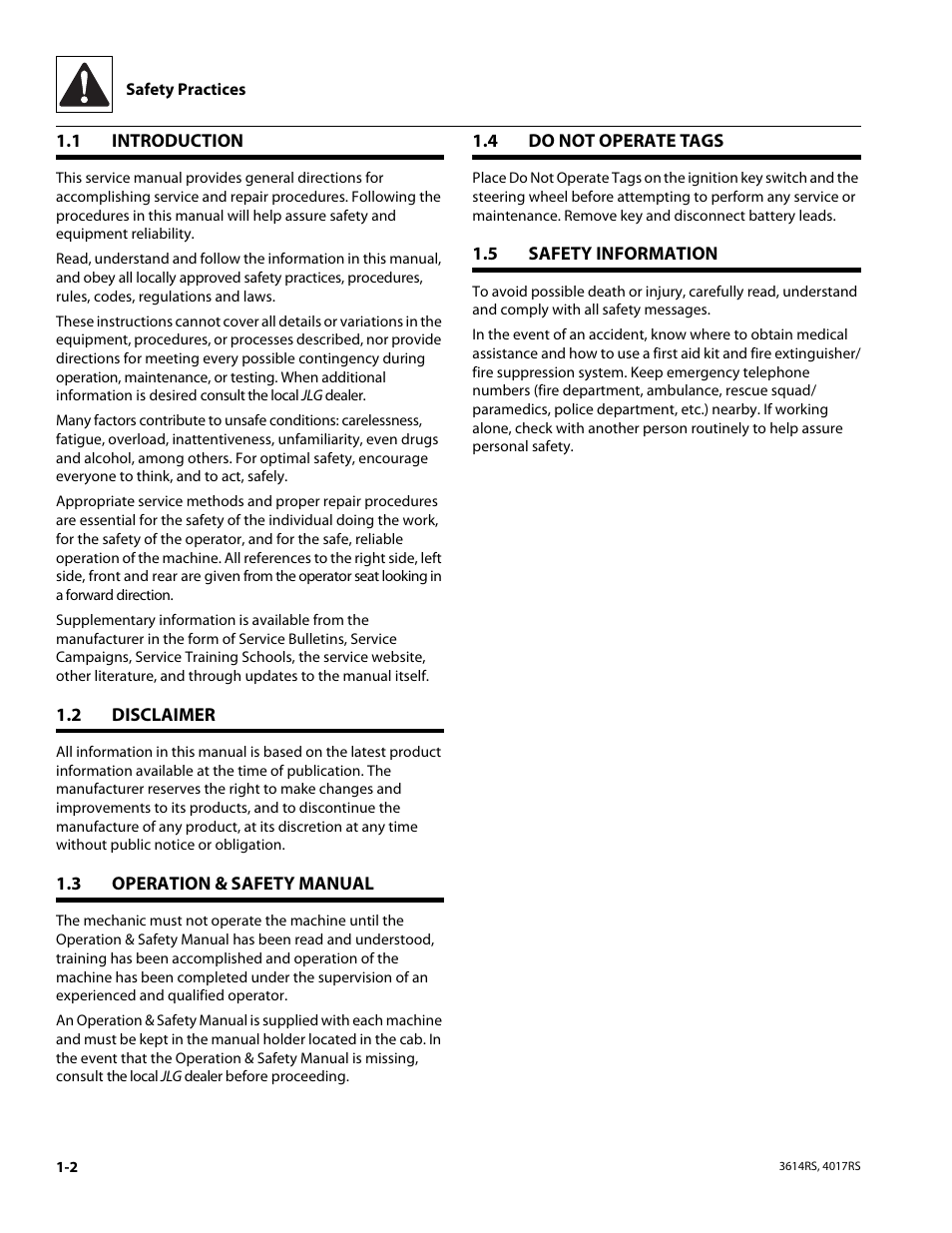 1 introduction, 2 disclaimer, 3 operation & safety manual | 4 do not operate tags, 5 safety information, Introduction, Disclaimer, Operation & safety manual, Do not operate tags, Safety information | JLG 4017RS Service Manual User Manual | Page 10 / 204