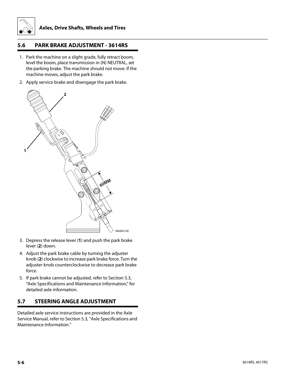 6 park brake adjustment - 3614rs, 7 steering angle adjustment, Park brake adjustment - 3614rs | Steering angle adjustment, Park brake adjustment - 3614rs -6 | JLG 4017RS Service Manual User Manual | Page 100 / 204