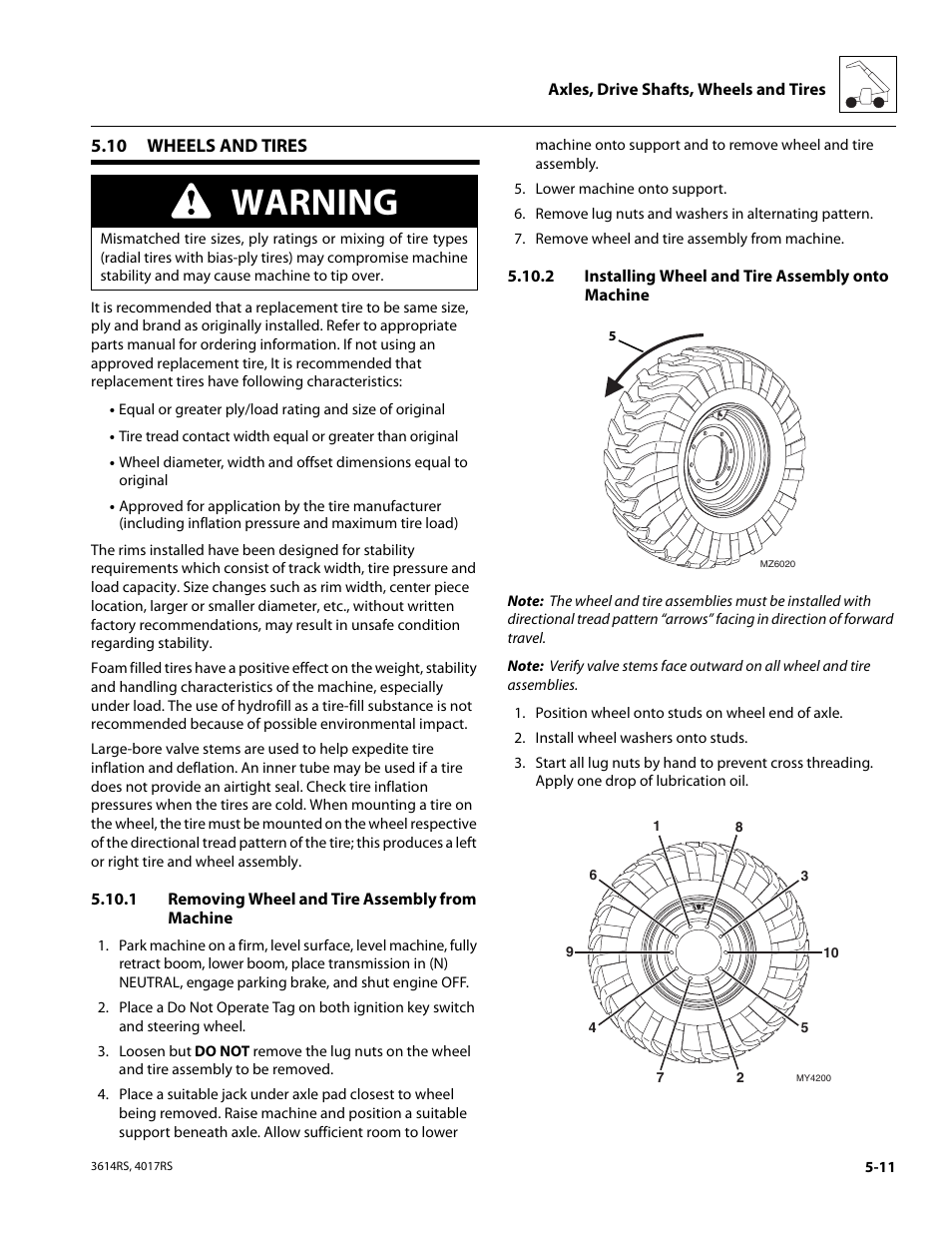 10 wheels and tires, 1 removing wheel and tire assembly from machine, 2 installing wheel and tire assembly onto machine | Wheels and tires, Removing wheel and tire assembly from machine, Installing wheel and tire assembly onto machine, Section, Warning | JLG 4017RS Service Manual User Manual | Page 105 / 204