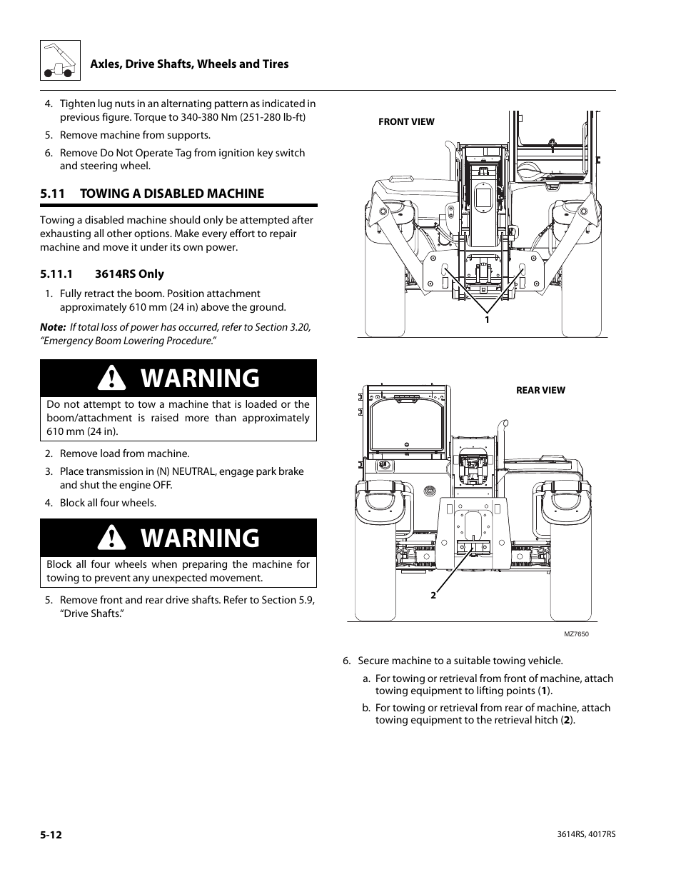 11 towing a disabled machine, 1 3614rs only, Towing a disabled machine | Warning | JLG 4017RS Service Manual User Manual | Page 106 / 204