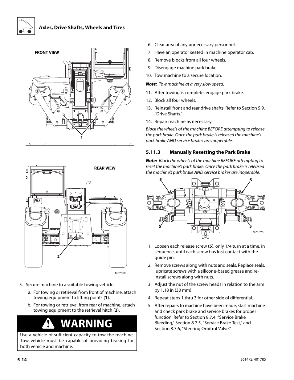 3 manually resetting the park brake, Warning | JLG 4017RS Service Manual User Manual | Page 108 / 204