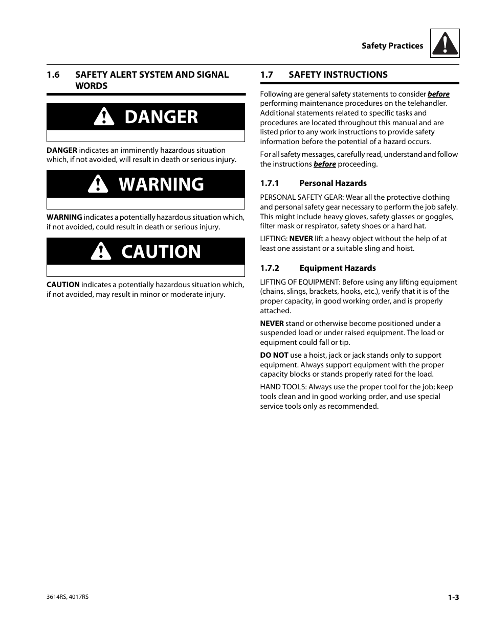 6 safety alert system and signal words, 7 safety instructions, 1 personal hazards | 2 equipment hazards, Safety alert system and signal words, Safety instructions, Personal hazards, Equipment hazards, Danger warning caution | JLG 4017RS Service Manual User Manual | Page 11 / 204