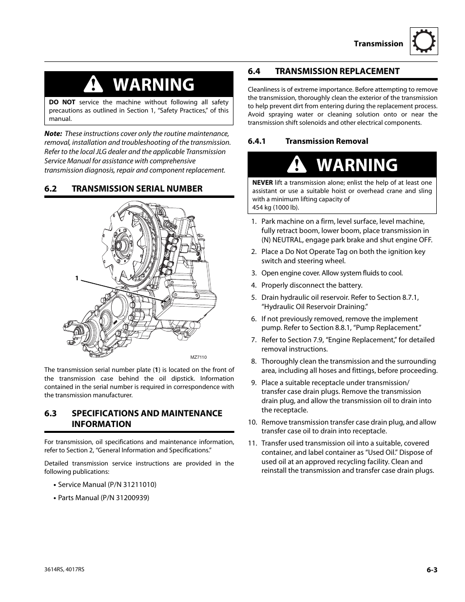 2 transmission serial number, 3 specifications and maintenance information, 4 transmission replacement | 1 transmission removal, Transmission serial number, Specifications and maintenance information, Transmission replacement, Transmission removal, Warning | JLG 4017RS Service Manual User Manual | Page 111 / 204