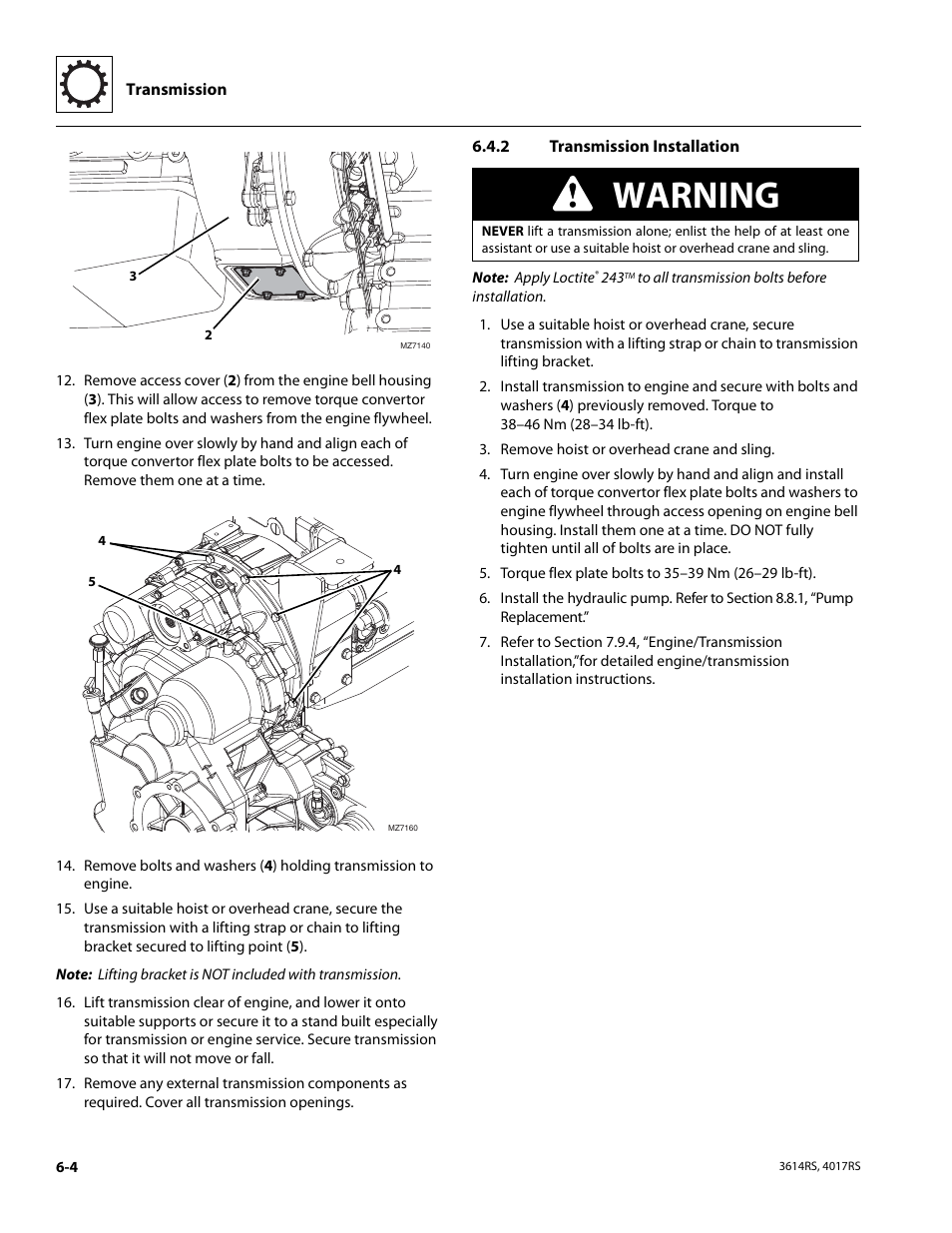 2 transmission installation, Transmission installation, Warning | JLG 4017RS Service Manual User Manual | Page 112 / 204