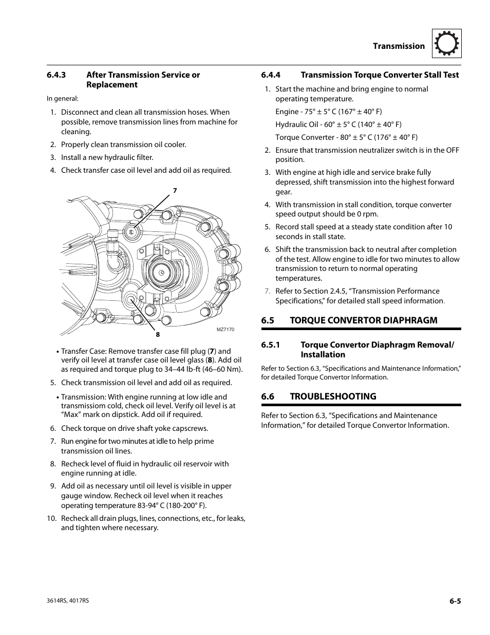 3 after transmission service or replacement, 4 transmission torque converter stall test, 5 torque convertor diaphragm | 1 torque convertor diaphragm removal/ installation, 6 troubleshooting, Torque convertor diaphragm, Troubleshooting, After transmission service or replacement, Transmission torque converter stall test, Torque convertor diaphragm removal/installation | JLG 4017RS Service Manual User Manual | Page 113 / 204