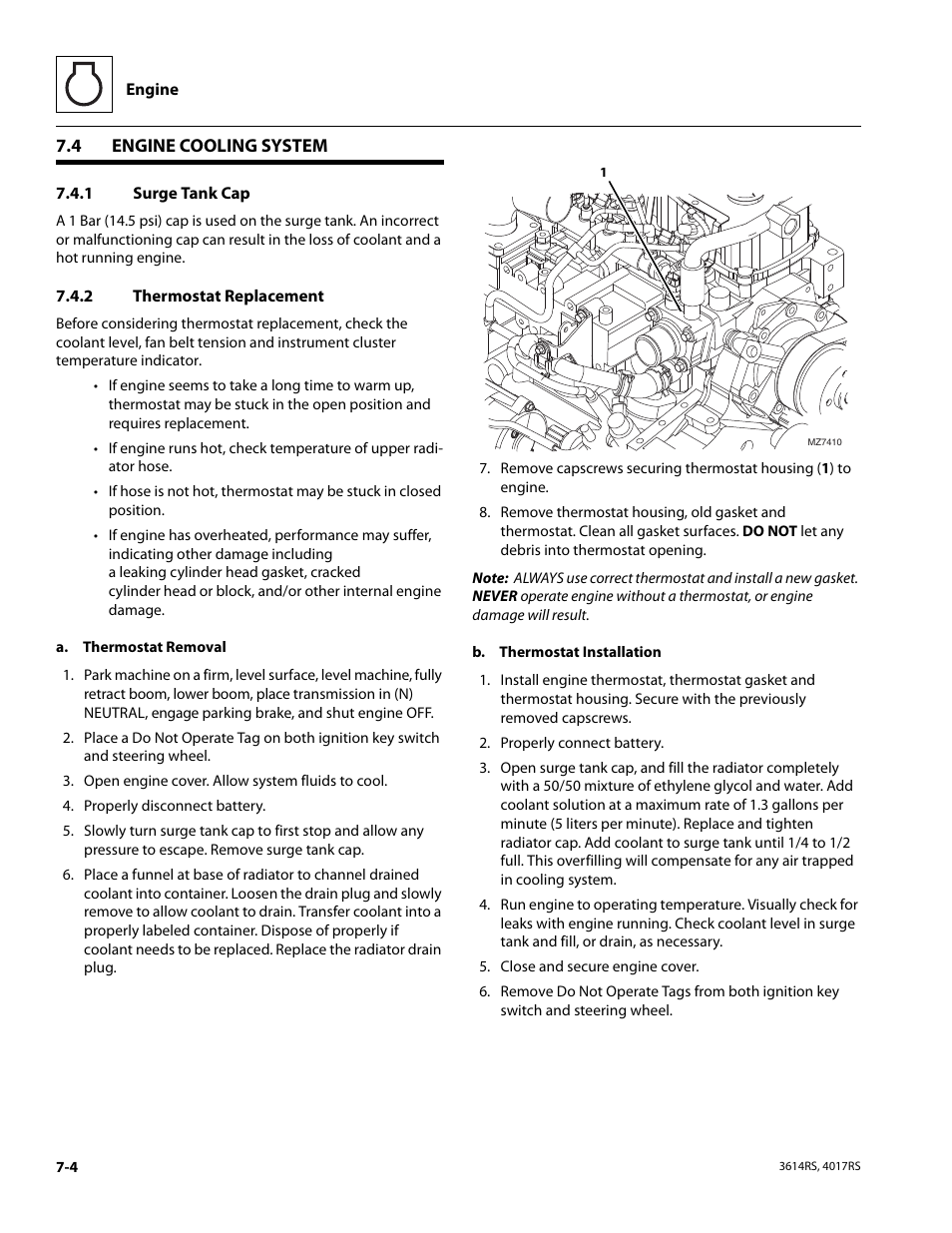4 engine cooling system, 1 surge tank cap, 2 thermostat replacement | Engine cooling system, Surge tank cap, Thermostat replacement -4 | JLG 4017RS Service Manual User Manual | Page 118 / 204