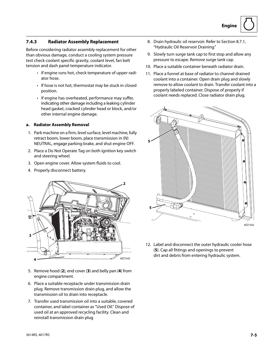 3 radiator assembly replacement, Radiator assembly replacement | JLG 4017RS Service Manual User Manual | Page 119 / 204