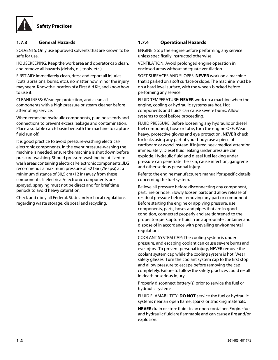 3 general hazards, 4 operational hazards, General hazards | Operational hazards | JLG 4017RS Service Manual User Manual | Page 12 / 204