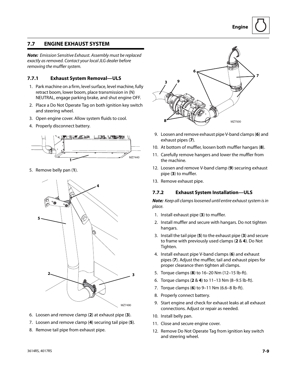 7 engine exhaust system, 1 exhaust system removal—uls, 2 exhaust system installation—uls | Engine exhaust system, Exhaust system removal—uls, Exhaust system installation—uls | JLG 4017RS Service Manual User Manual | Page 123 / 204